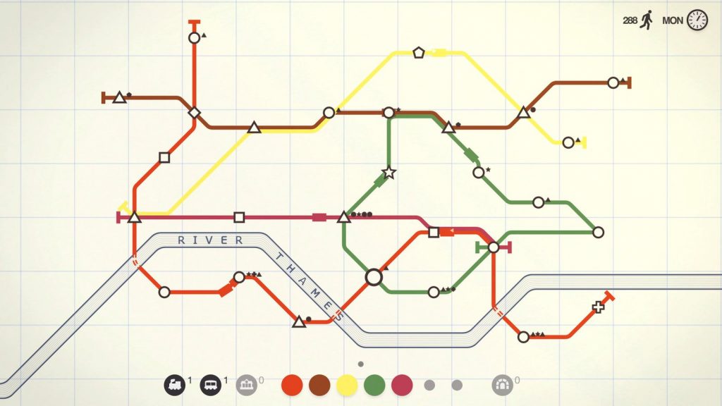 Mini Metro screenshot of colored subway lines linking shape stations