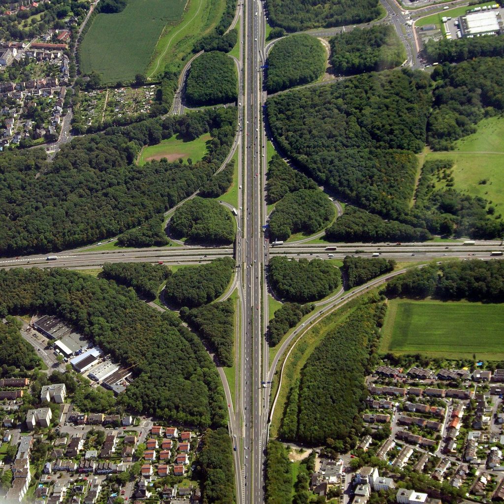 Aerial view of the Köln-Nord motorway interchange in Germany