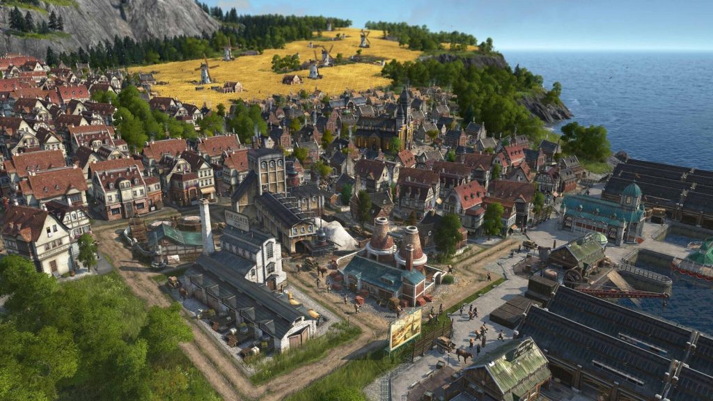 Anno 1800 screenshot of a 19th-century harbor town with industry