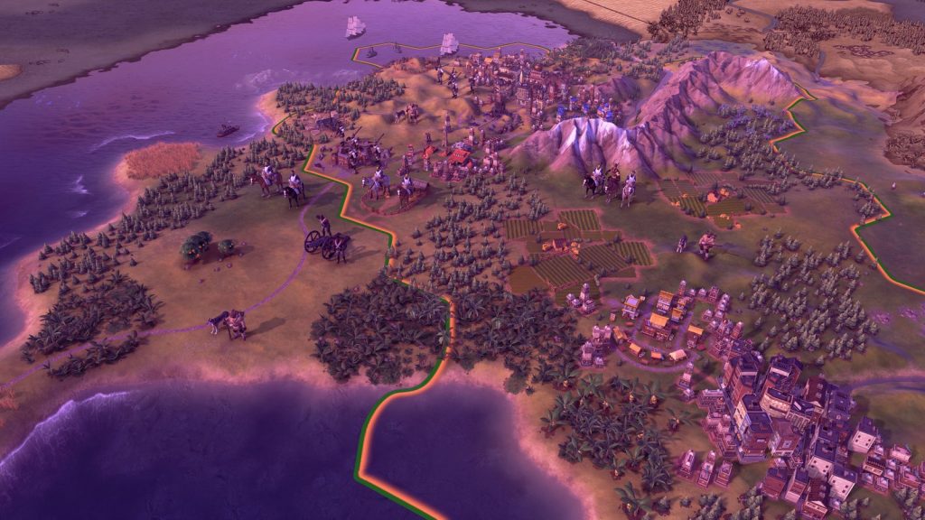 Civilization VI screenshot of a city with districts spread across hex tiles