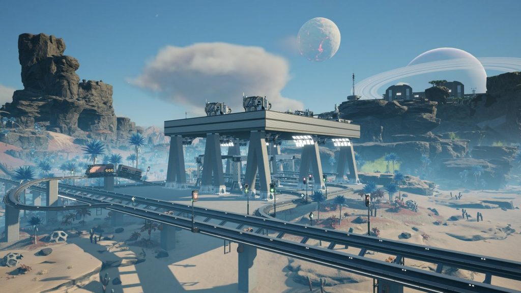 Satisfactory screenshot of conveyor belts and factory buildings on an alien world