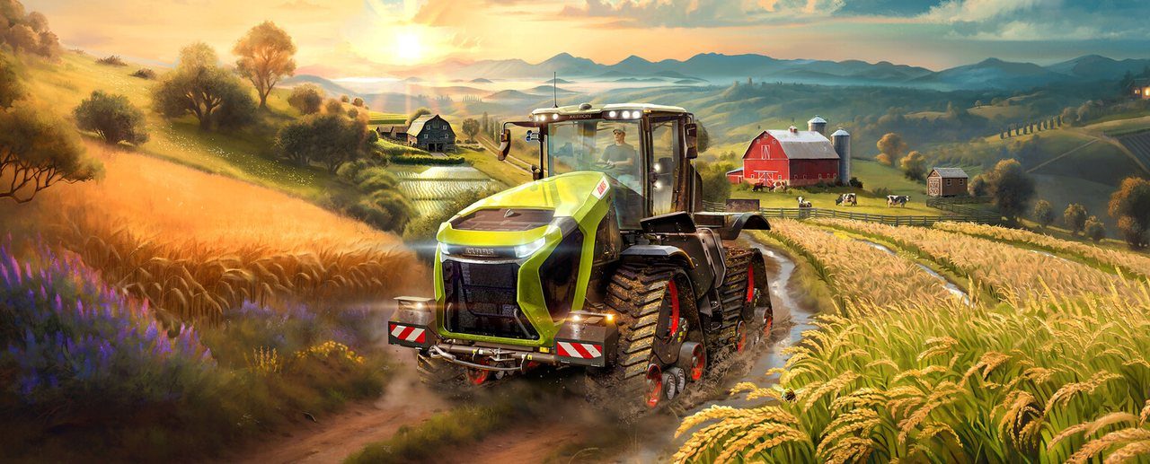 Key art from Farming Simulator 25 with tractors and fields