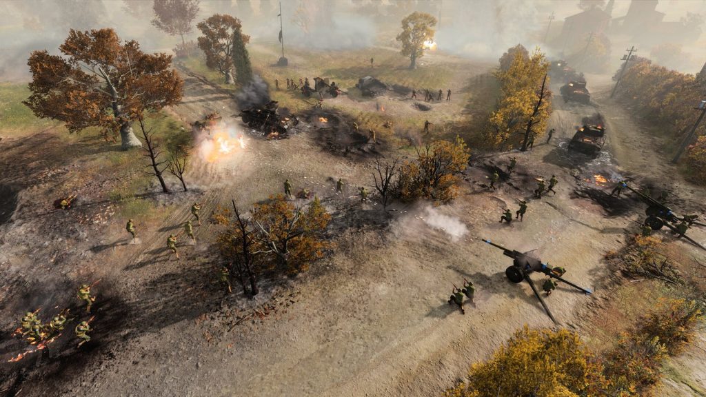 Company of Heroes 3 screenshot of squads fighting in a war-torn town