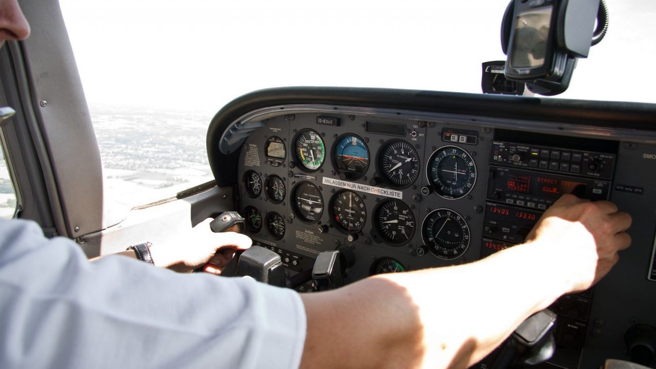 Instrument panel and yokes inside a real Cessna 172 Skyhawk cockpit