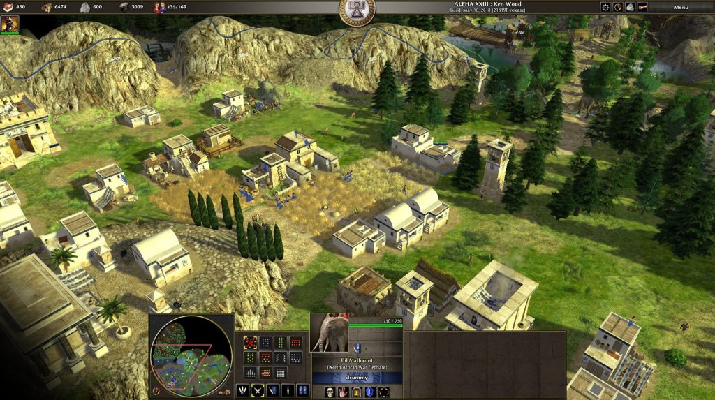 Screenshot of the open-source RTS 0 A.D. with a base and units