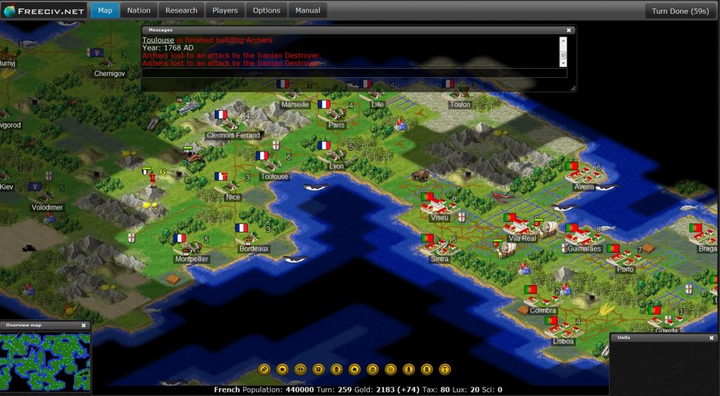 Freeciv screenshot of a turn-based map with cities and borders