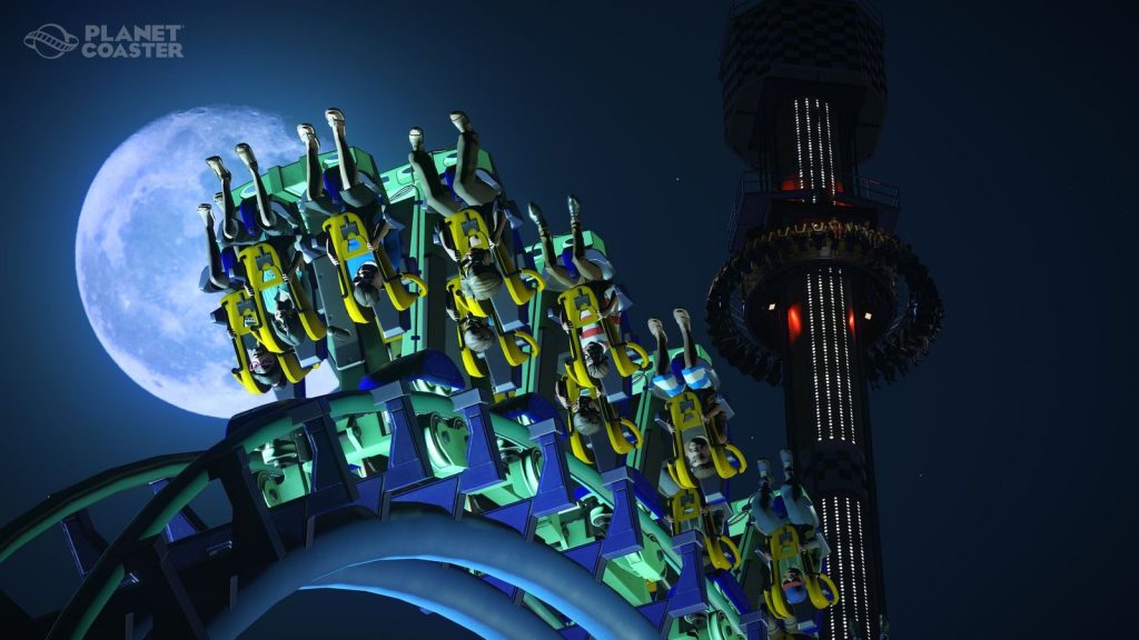 Planet Coaster screenshot of a theme park with roller coasters